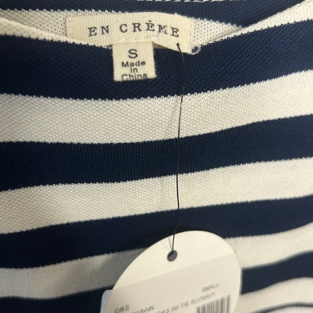 NWT En Creme Navy White Striped Dress Small Tie Strap Knit Cutout Back - Picture 4 of 6